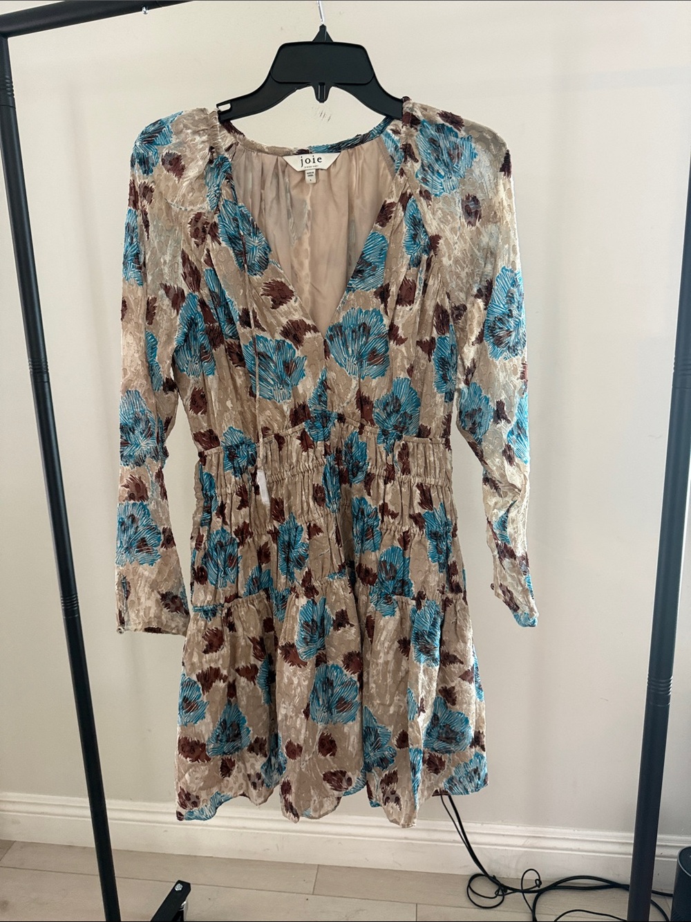 Joie Beige Dress with Turquoise and Brown Floral Print - Long Sleeve